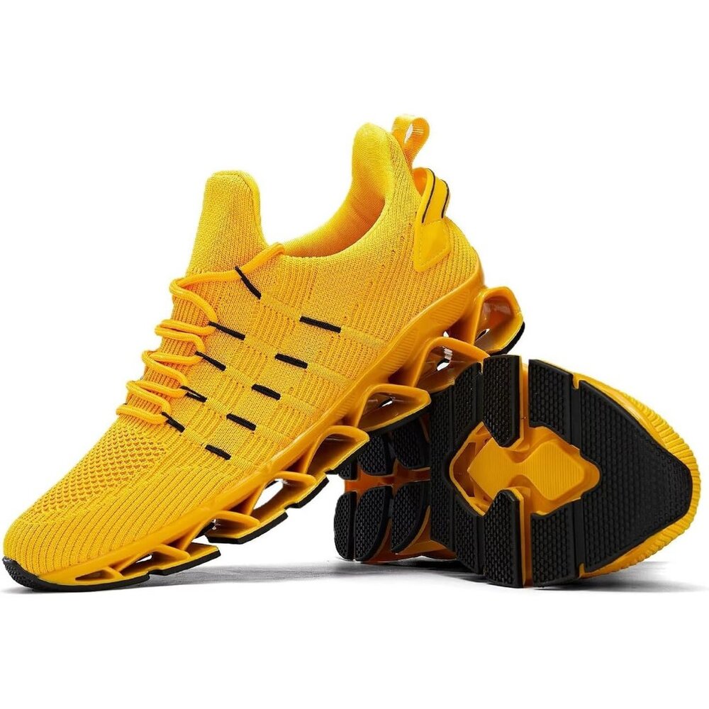 Men's Yellow Non Slip Lightweight Workout Breathable Mesh Fashion Sneakers - Picture 6 of 7